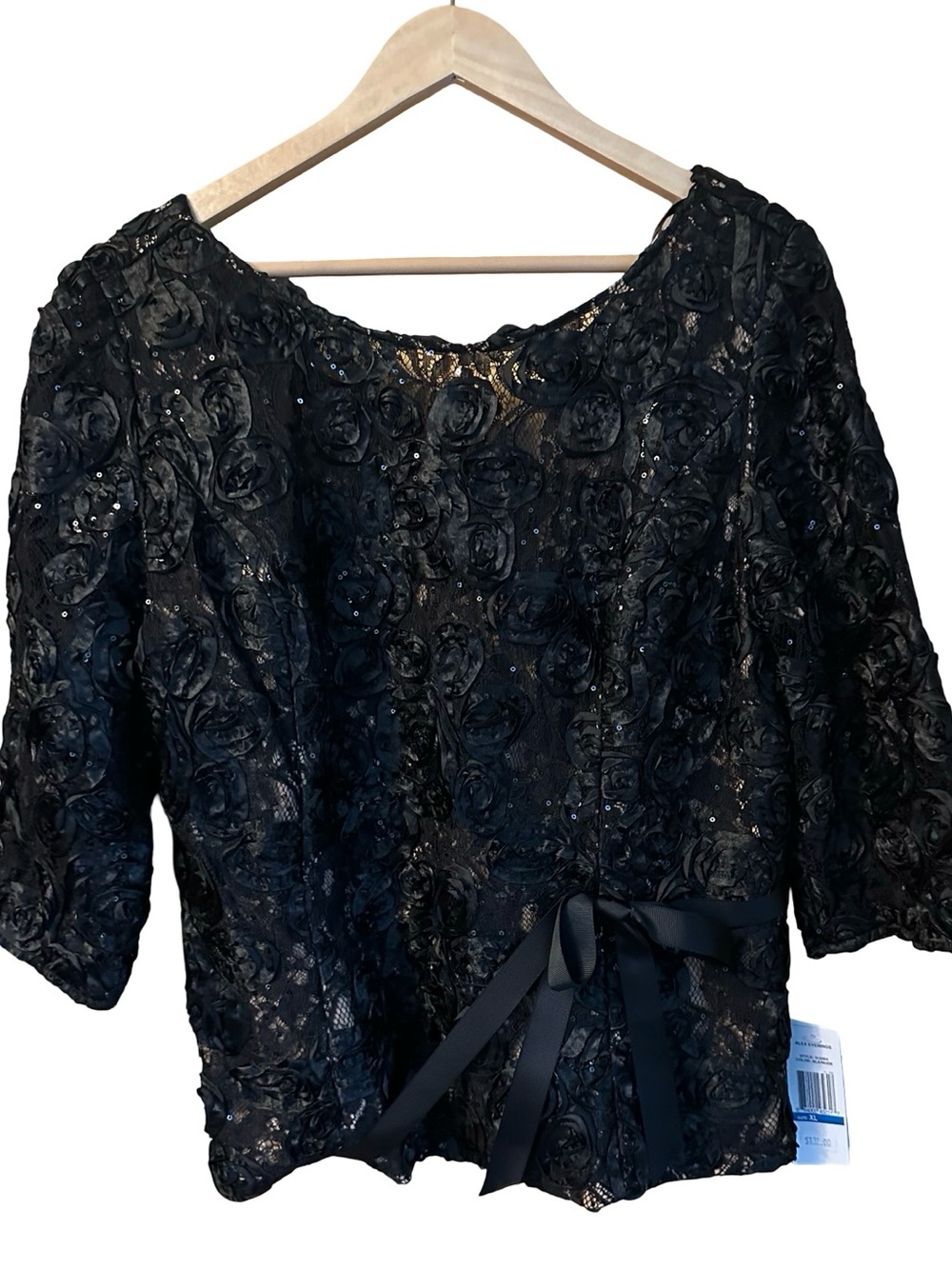 NWT Alex Evenings Floral Lace Tie Front Blouse Black Beige XL - Picture 9 of 9